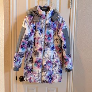 Warm winter coat bright flowers.  Fuzzy warm interior.